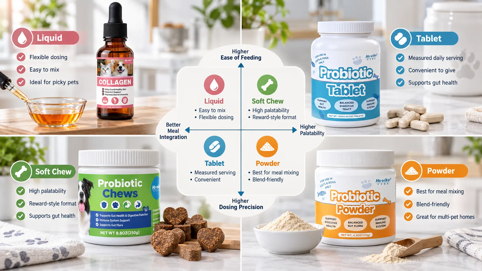Hs-Viko pet supplement dosage form comparison showing liquid, tablet, soft chew and powder formats by feeding ease, palatability, dosing precision and meal integration