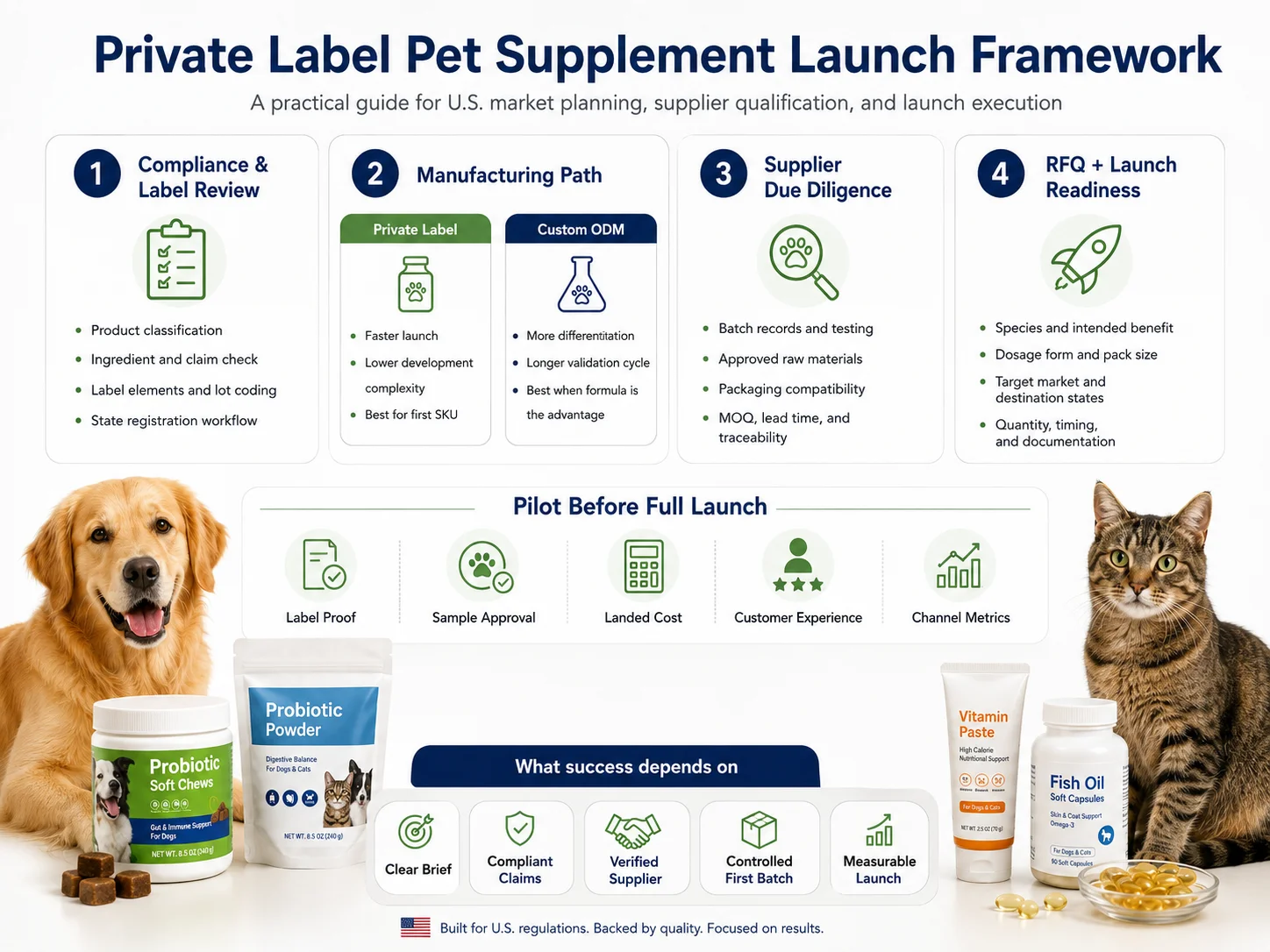 Private label pet supplement launch framework for U.S. brands covering compliance, manufacturing, supplier qualification, RFQ, and pilot launch